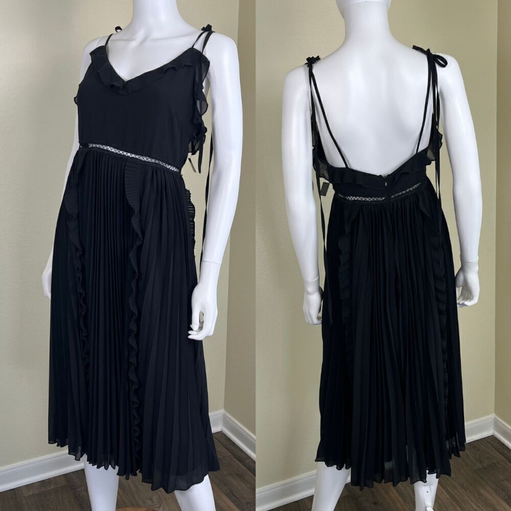 Lulu's Women's Size M Black Never a Dull Moment Tie-Strap Pleated Midi NEW Dress